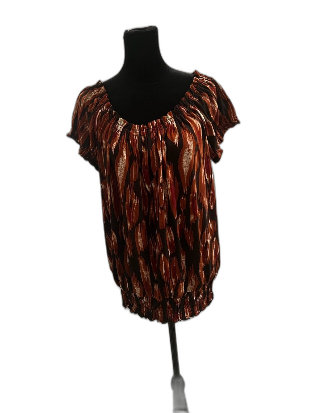 apt.9 Stretch Women’s M Brown Rust Black Abstract Print Ruffle Sleeve Top